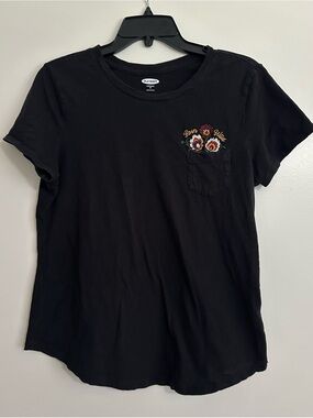 Old Navy Black Tee with Red and Yellow Floral Pocket Embroidery